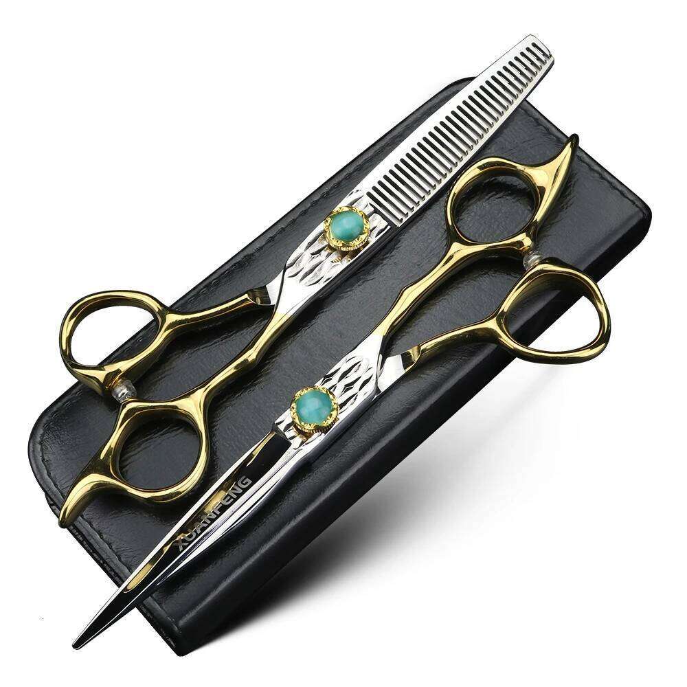 XUANTENG Golden 6-inch hair green agate screw cutting scissors, and thinning scissors set H260304-image-1096263676