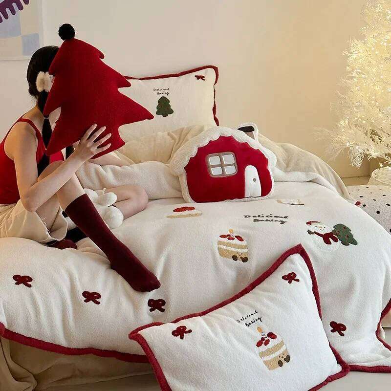 Four-piece girl heart thickened warm bionic cashmere cute Christmas flower embroidery autumn winter quilt cover bedding high-end C260304-image-1096261959