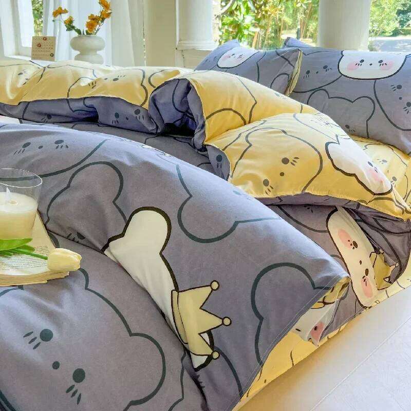 Kawaii Bear Printed Floral Duvet Pillowcase Bedding Set Comforter Bed Linen Sheet Quilt Cover Full Queen King Size C260304-image-1096261546
