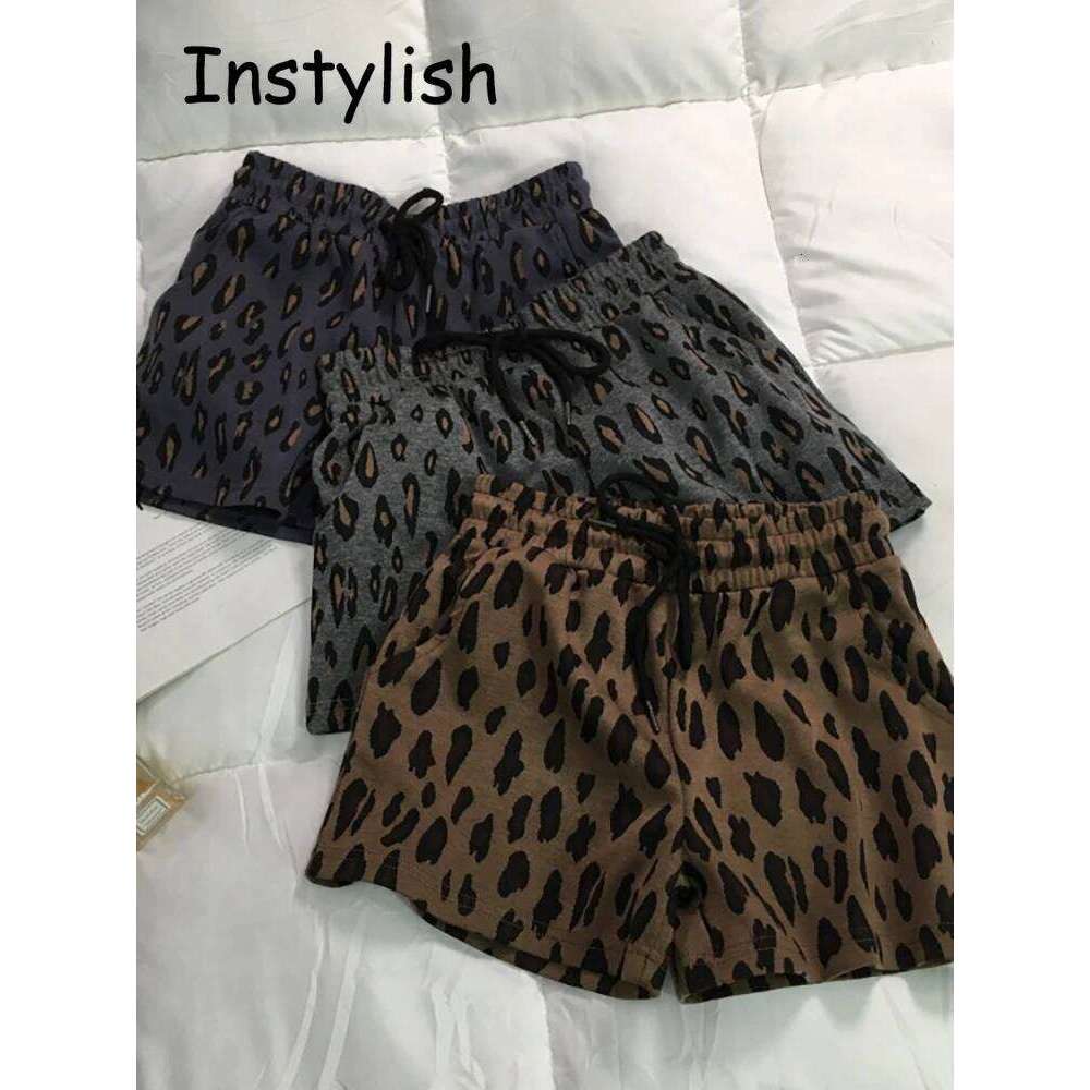 Vintage Harajuku Leopard Print Wide Leg Shorts Women Summer Korean Simple Chic Elastics Waist Drawstring Loose Short Pants 2022 XJ260305-image-1096303722