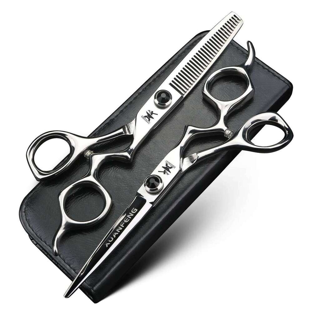 XUANFENG 6 inch Silver Curved Handle Hair Steel Barber Cutting and Thinning Scissors H260304-image-1096263682