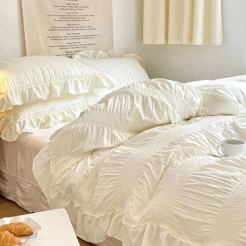 Ins Style Korean Bedding Lace Seersucker 4-piece Bed Sheet Set Quilt Solid Duvet Cover For Girl Spring Decor Home C260304-image-1096262243