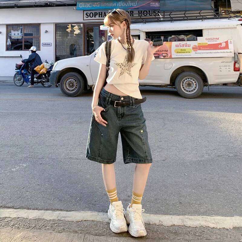 New American Loose Denim Shorts Spring Summer. Fashionable and Versatile Casual Straight-leg Mid-length Jeans for Ladies XJ260305-image-1096301017