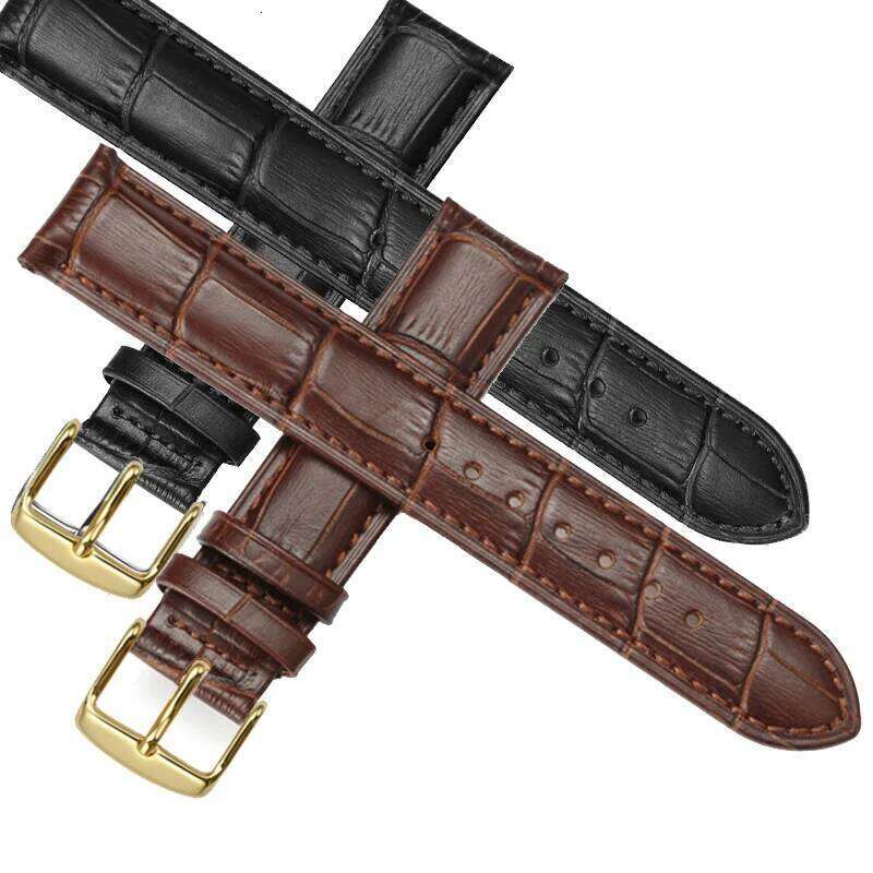 Replacement Band Sweat-proof Leather Strap Yellow Gold Buckle Watch Bracelet Multiple Colors Available H260304-image-1096265986