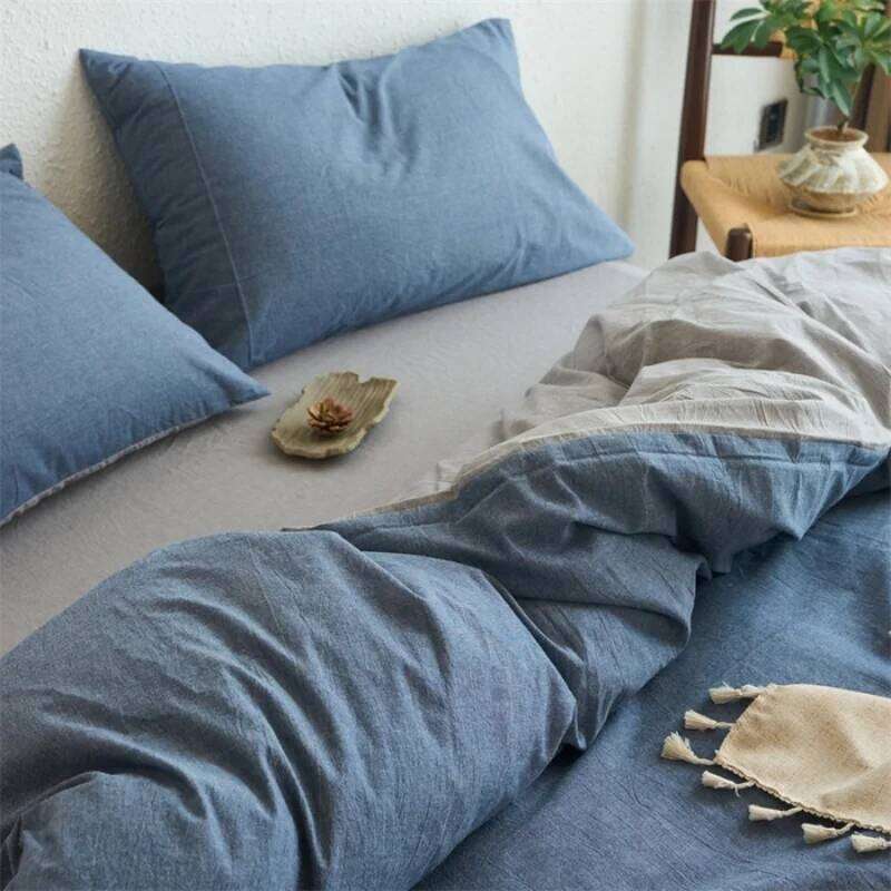3pcs Washed Pure Cotton Duvet Cover Set,Breif Quilt Covers Bag,Blue Soft Breathable Bed Linens For Four Season Adult 220*240cm C260304-image-1096262088