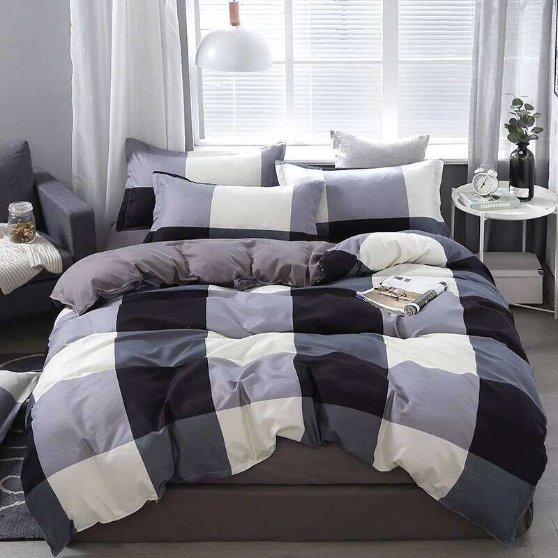 Grid Plaid Duvet Modern Checkered Hotel Quality 4 Pieces Comforter Cover Set Luxury Zipper Closure Bedding C260304-image-1096262562