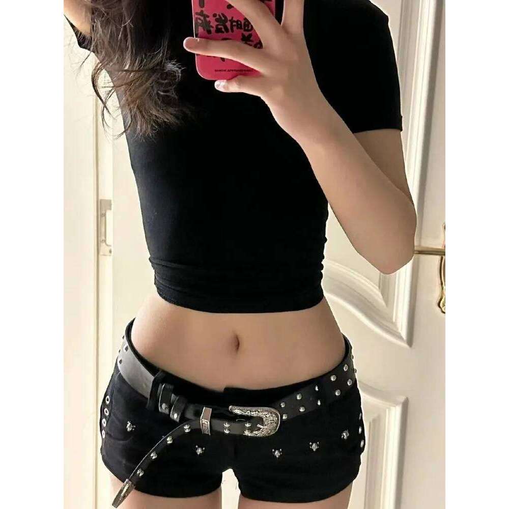 Y2k American Vintage Short Denim Shorts Women Casual Rivet Sexy Streetwear Bodycon Dark Distressed Zipper Solid Color Summer XJ260305-image-1096300882