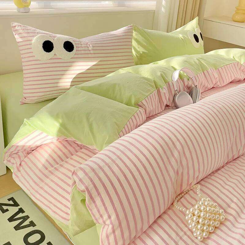 Small Fresh Cream Style Striped Simple Embroidery Big Eyes Four-piece Quilt Cover Bed Sheet Dormitory Three-piece Set C260304-image-1096260257