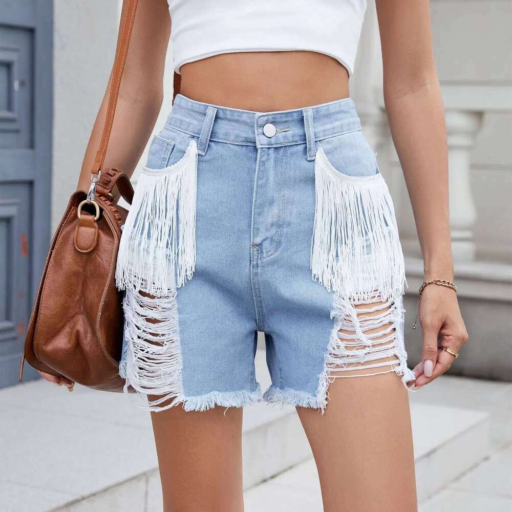 Design-sense Washed Ripped Fringed Shorts. New Fashionable and Individual High-waist Denim Shorts for Women in Summer XJ260305-image-1096302776