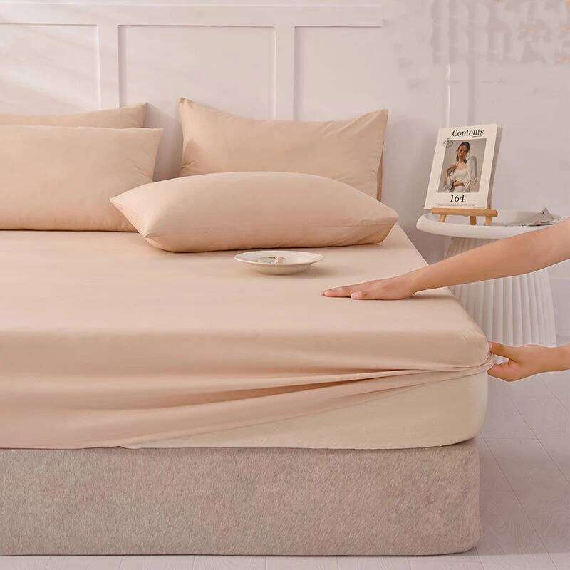 Four Seasons Washed Cotton Pure Color Sheet 3-piece Non-slip Home Simmons Dust Protect Cover Soft Fitted Sheet+Pillowcase C260304-image-1096263756