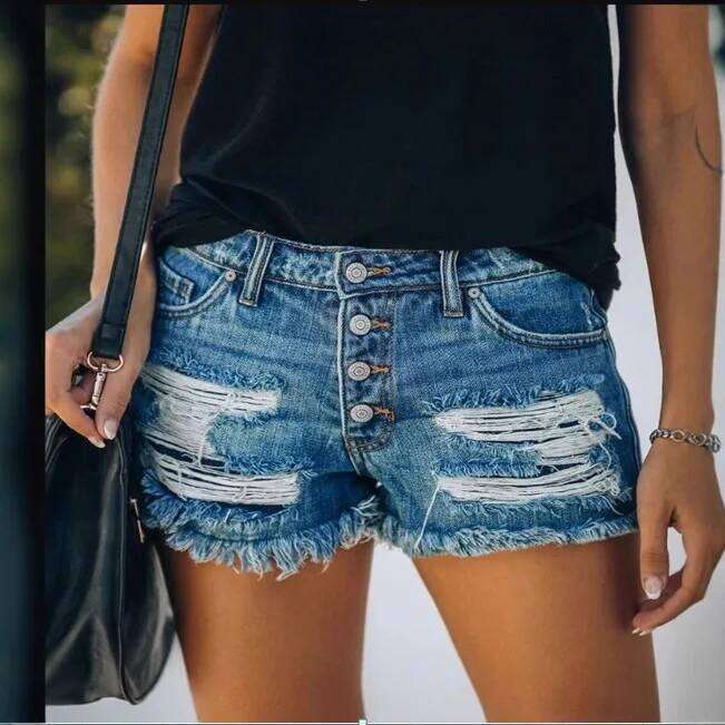 Ripped Fringed Denim Shorts Straight-breasted Women's Hot Pants 2025 Europe and America XJ260305-image-1096303601
