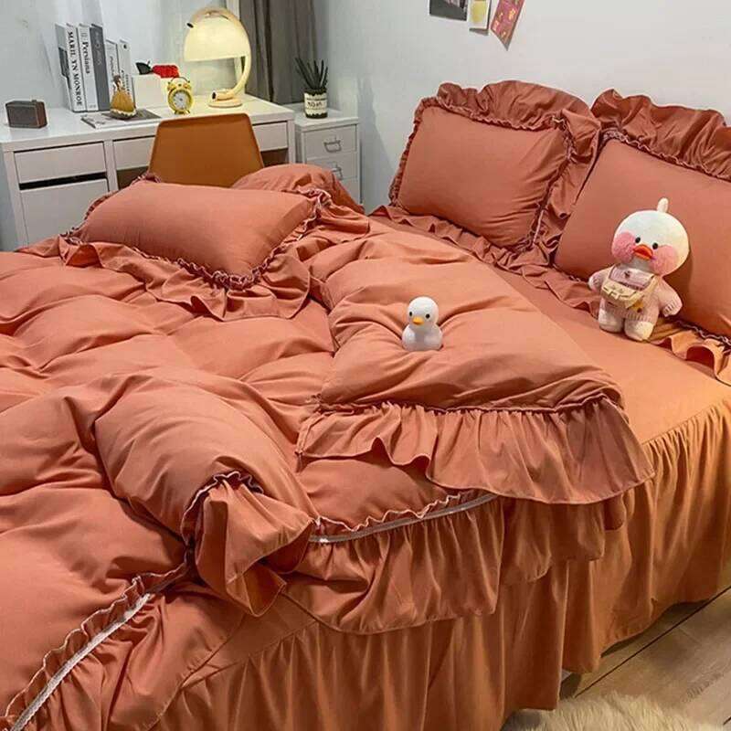 Korean Solid Pure Cotton Bed Skirt Bedding Sets Washed Comforter Cover Set with Lace Princess Soft Skin-Friendly Bedclothes C260304-image-1096261086
