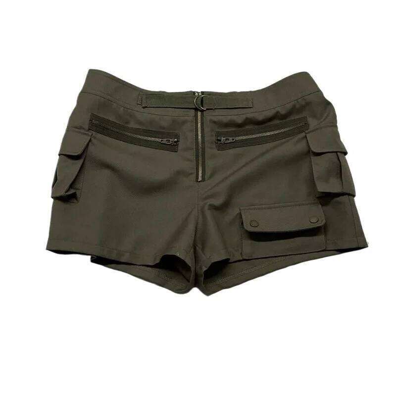 Retro Low-rise Cargo Multi-pocket Splicing Straight Wide-leg Slim-fitting Hot Pants Shorts for Women XJ260305-image-1096300784