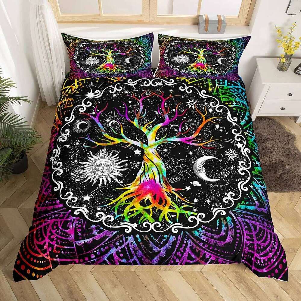 Sun Moon Duvet Black and White Bedding Soft Tree of Life All Galaxy Stars Mandala Tribal Quilt Cover Decor for Women C260304-image-1096262429