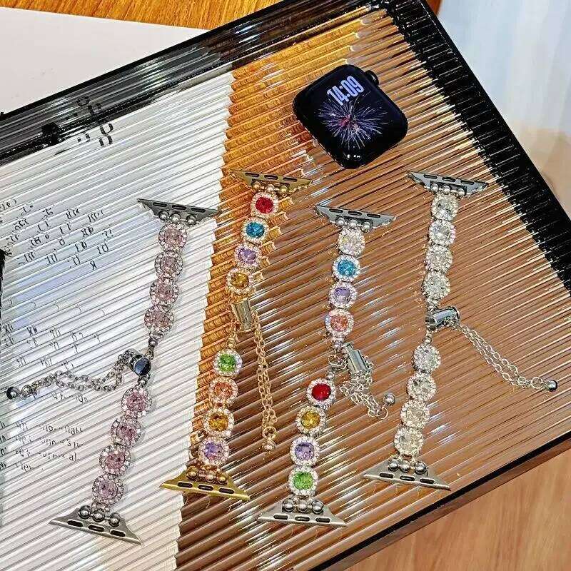 Square Sugar Color Diamond Compatible iWatch 38mm 40mm 41mm 42mm 44mm 45mm 49mm Fashionable Handmade Strap H260304-image-1096266152