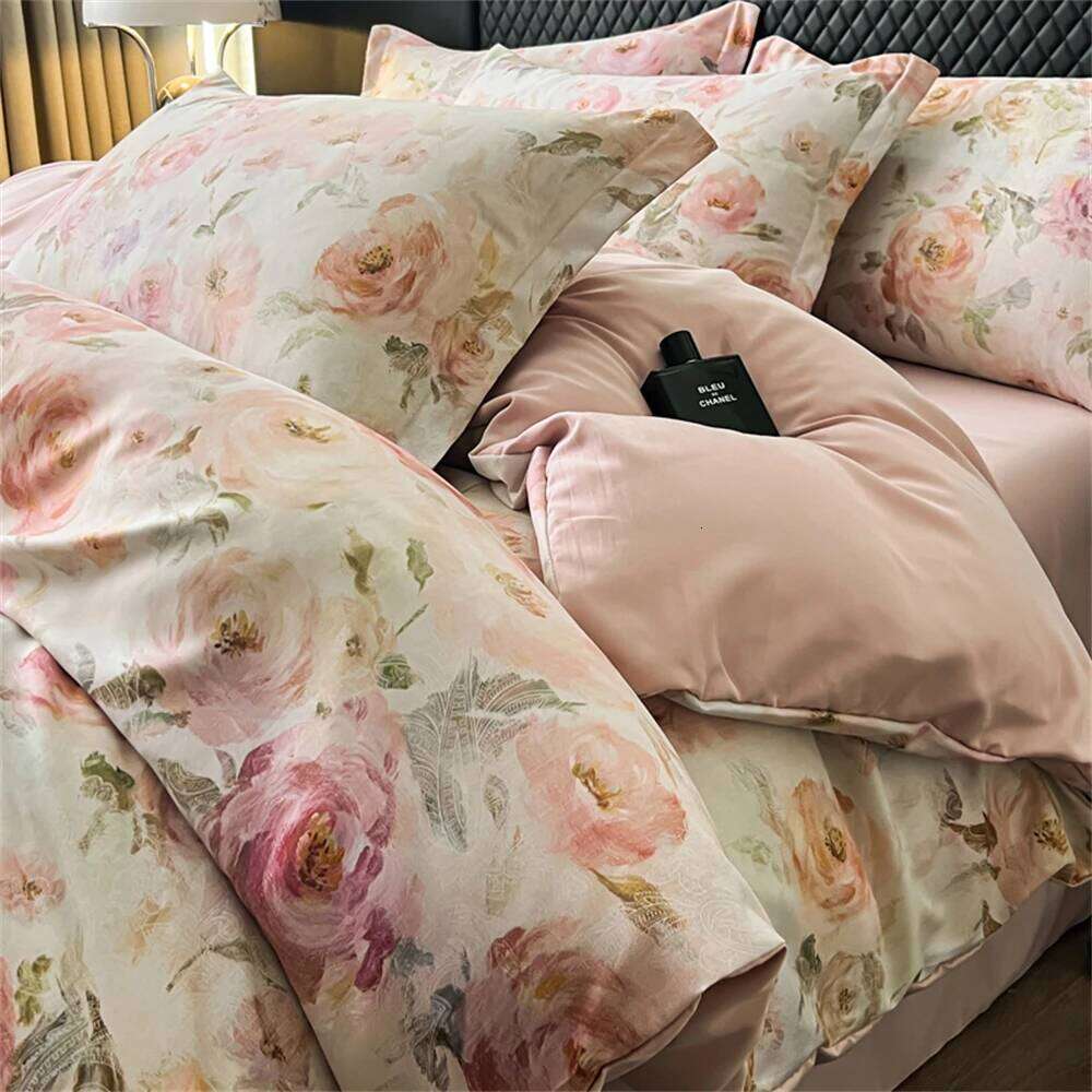 Flower Printed Bedding Soft Bedroom Decor Comforter Luxury Duvet Cover Pillowcase Bed Sheet Washed Cotton Four Piece Set C260304-image-1096262888