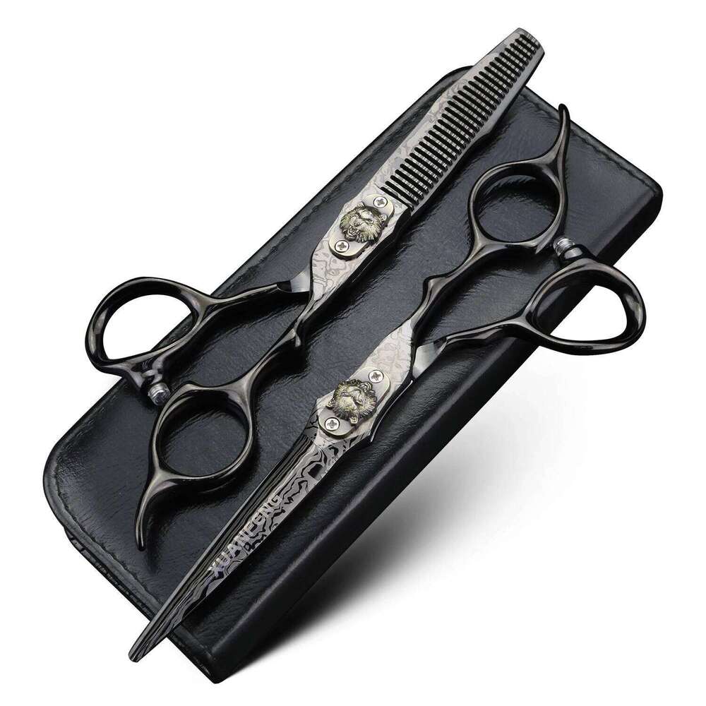 XUANFENG 6 inch Black Damascus Hair Barber Cutting and thinning Scissors JP440C H260304-image-1096263881
