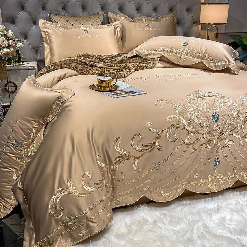 4pcs Gray Sateen Gold Embroidery Luxury Satin Cotton Bedding Set Double Queen King Comforter Cover Bed Sheet Pillowcases 48x74cm C260304-image-1096254871