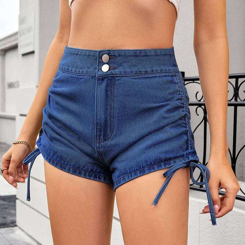 High Waist Drawstring Side Denim Women Summer New Streetwear Retro Matching Casual Wide Leg Jean Shorts XJ260305-image-1096303586