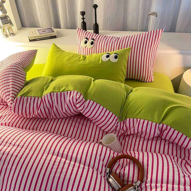 Stripe Washed Cotton Bedding Pillowcase bed sheet Full Size Linen Duvet Cover Set Queen/King Double Single Bed C260304-image-1096252856