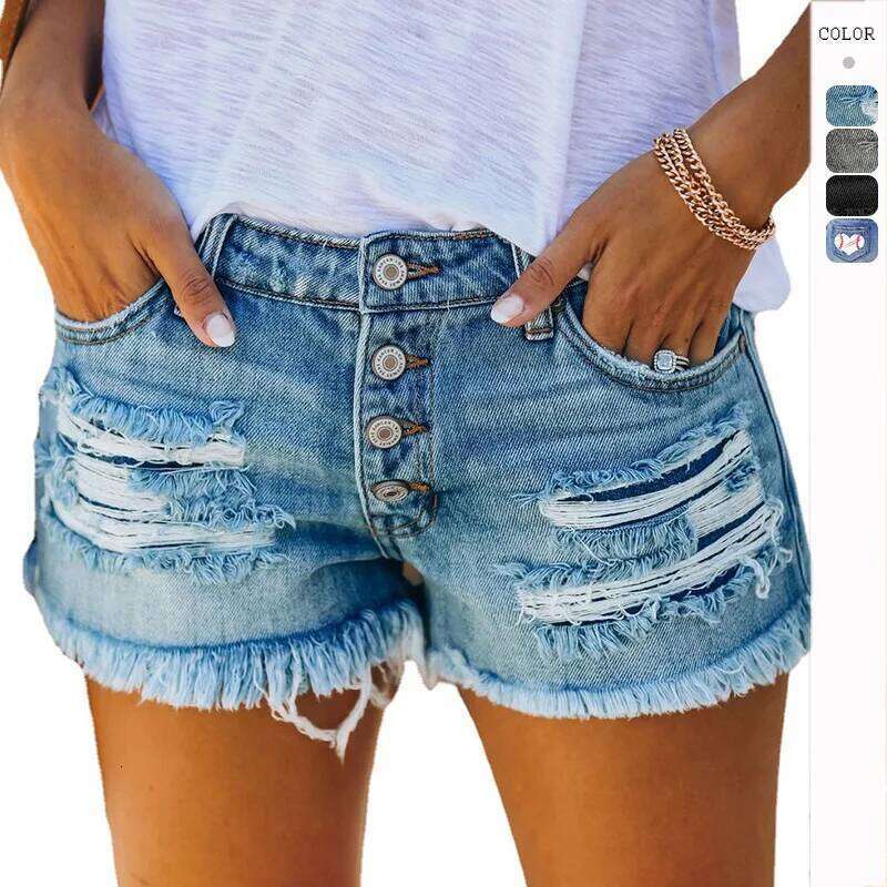2024 Summer New Denim Shorts Women Fashion Trendy Hole Tassel Solid Color Single-breasted Short Female Hot Pants Streetwear XJ260305-image-1096303652
