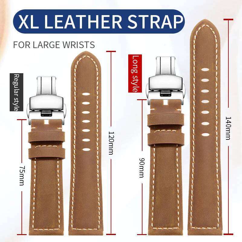 XL extended lenght 140+90mm leather strap for Hamilton Panerai SEIKO lengthening and thickening men's watch band 22MM24MM H260304-image-1096266160