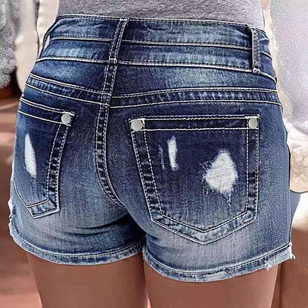 Street Trend Retro Double-button High-waisted Denim Shorts.New Summer Fashion Washed Ripped Stretch Casual Short Jeans for Women XJ260305-image-1096303258