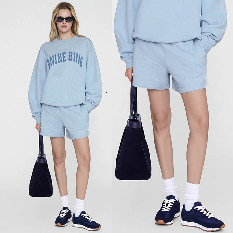 2026 High-Quality Designer Cotton Embroidered Mid-Rise Fleece Sky Blue Women's Shorts ABing New Nicole Classic Style Casual Loose Hoodie Pul-image-1096528141