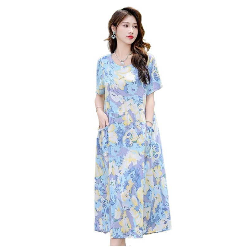 (1178) High-end Cotton Silk Dress, Fashionable, Loose, Flesh-covering, Temperament, Large Hem, Floral Skirt