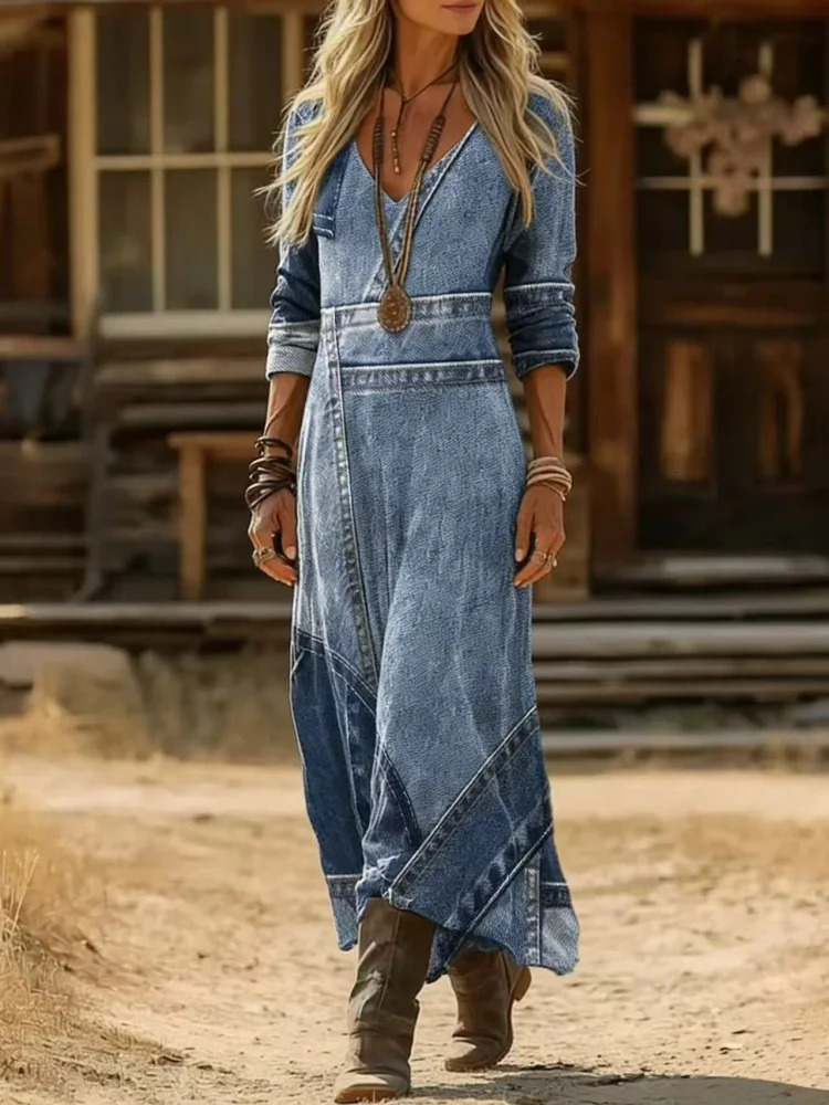 Womens WesternStyle Printed Gradient Dress with VNeck WaistCinching Slimming VintageStyle Long Suitable for Parties Casual Dresses 260305 ce