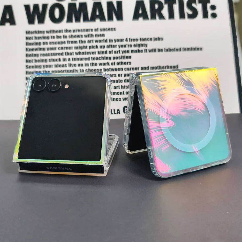 Gradient aurora rainbow laser feather magnetic attraction for Galaxy Z Flip 7 6 5 transparent color with protective case H260305-image-1096442427