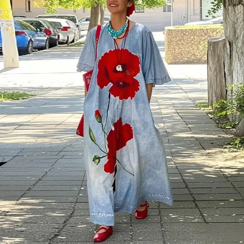 2026 Loose Flower Print Maxi Dress for Woman Not Denim Vintage Half Sleeves Vneck Womens Summer Casual Vacation Long 260305