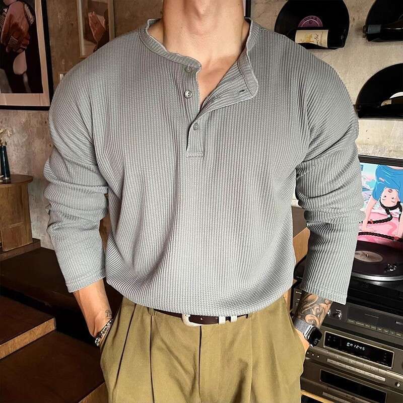 Solid 2025 Color Popular Henley Shirt Long Sve T-Shirt for Men Waffle Knit Straight Cuffs Versatile Slimming Wholesale D260908