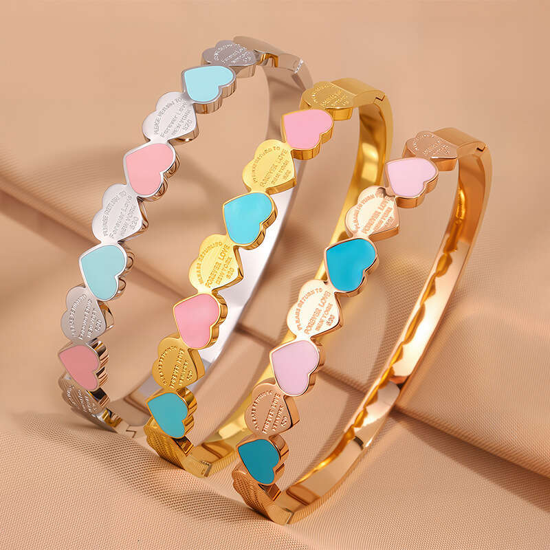 Stainless Steel Sweet blue pink heart with Love Oil Drop Bracelet For Women 316L High Quality 18k-Gold Plated Not Fading Waterproof Bracelet Jewelry