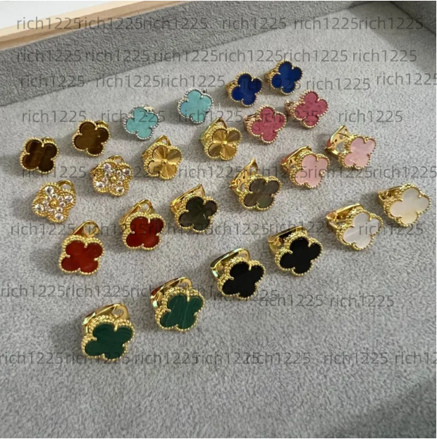 High version four-leaf clover stud, female white mother-of-pearl red chalcedony with diamond, thick gold electroplated silver needle, anti-allergy e