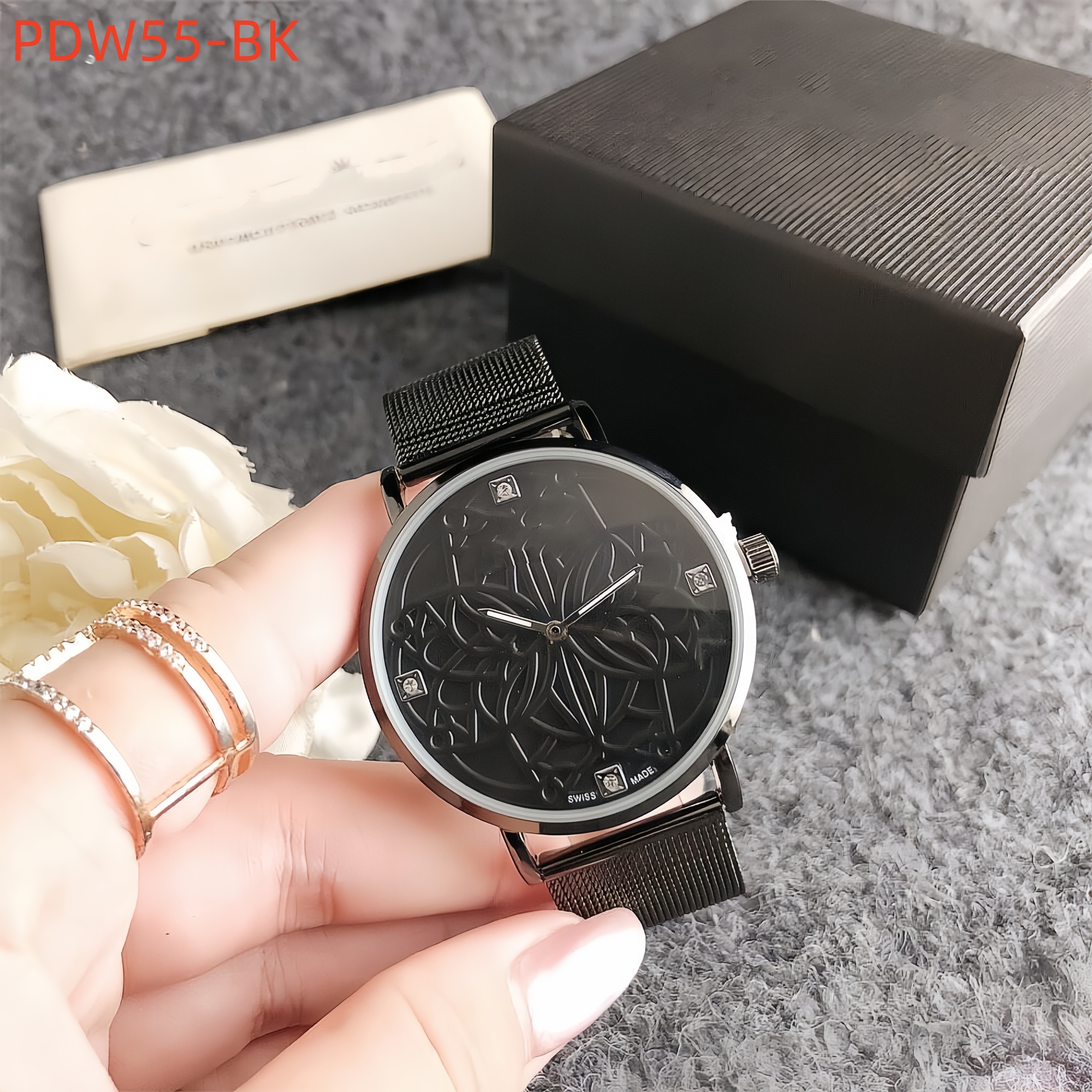 New Fashion Women Men Silver Rose Gold Black Letter Steel Letter White Zircon Crown Circle Electronic Watch Wire Wable Bracelet Span Jewelry Gift-image-1096472328