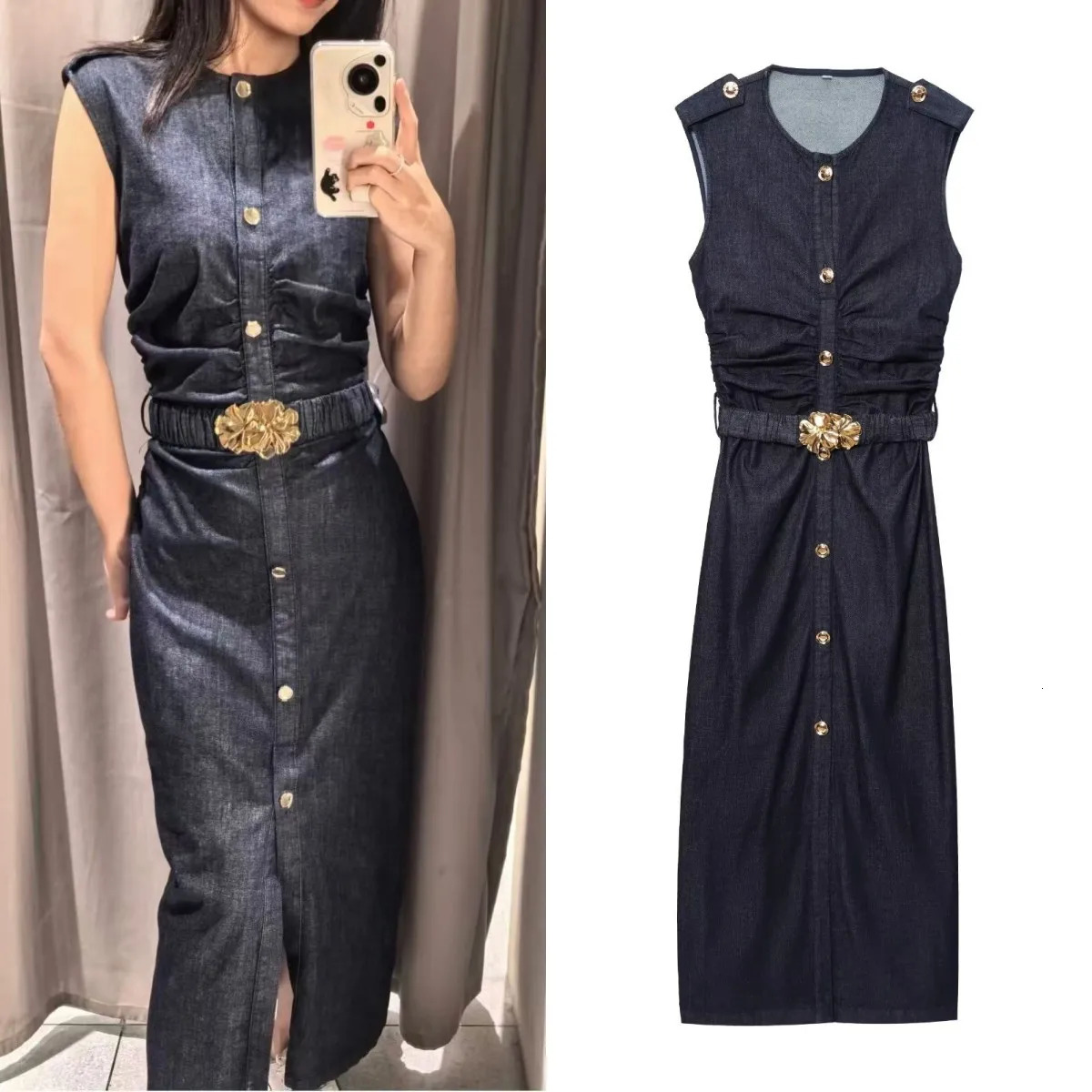 ETJs 2025 summer collection Womens 1975 series elegant sleeveless denim MIDI dress with epaulets and a belt 260305