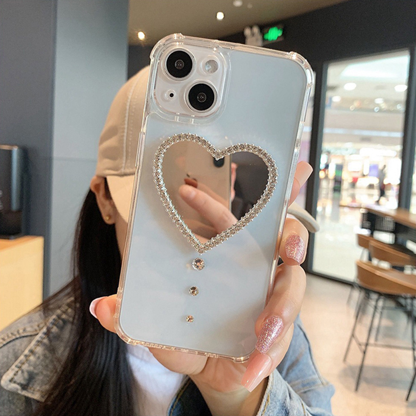 Coque de téléphone miroir de maquillage strass amour pour Iphone 16 15 14 13 Pro 12 11 Max Plus 16Pro Transparent 16Promax coque de téléphone sou