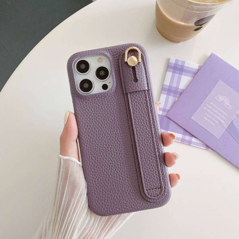 Lichee Pattern Wrist Strap Leather Case For iPhone 15 14 13 12 11 Pro Max Simple Fashion Cover H260305-image-1096534234