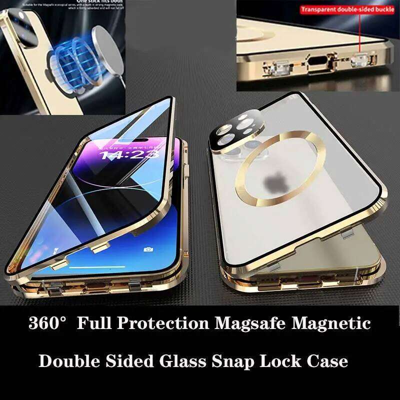 360Full Protection Metal Magnetic Double Sided Glass Snap Lock Phone Case For iPhone 15 13 12 14 Pro Max Cover H260305-image-1096498895