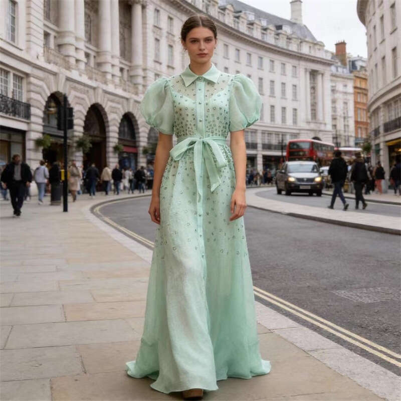 2026 Robe rétro de style féerique européenne et américaine avec strass semi-transparent simple a30 poitrine ceinture ample jupe longue