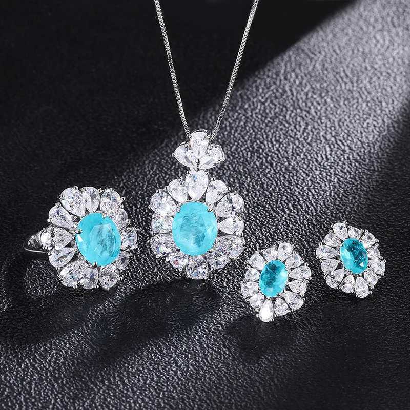 New High-end Jewelry Fashion Jewelry Set Paraiba Pendant 1012 Earrings Ring 68 Three-piece Set H260307-image-1096654491