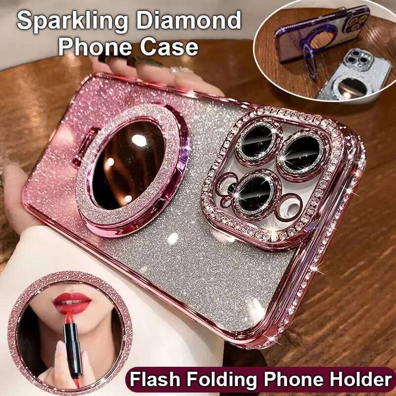 Diamond Clear Glitter for Phone Case For iPhone 16 15 14 13 12 11 Pro Max Mirror Magnetic Holder Stand Soft Cover H260305-image-1096560781