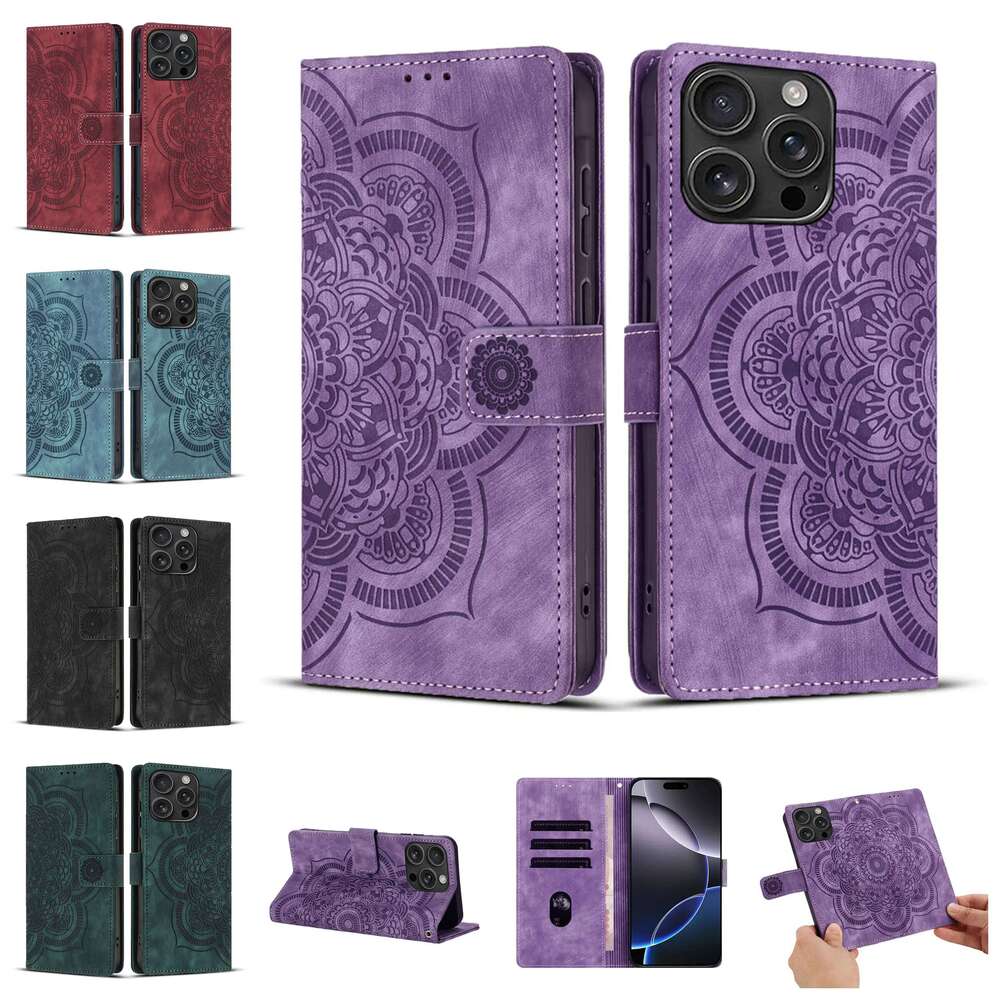 Leather Wallet Flip Phone Case For IPhone 17 Air 16e 16 15 14 13 12 Mini 11 Pro XS Max 8 7 Plus Cover | Embossed Mandala Flower H260305-image-1096545138