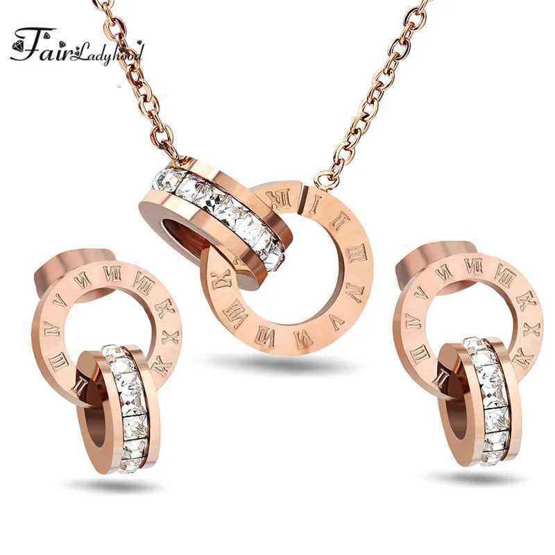 Fairladyhood Lucky Roman Digital Pendant Necklace Set Stainless Steel Clavicle Pendant Fashion Wild Stainless Steel Jewelry Set H260307-image-1096655063