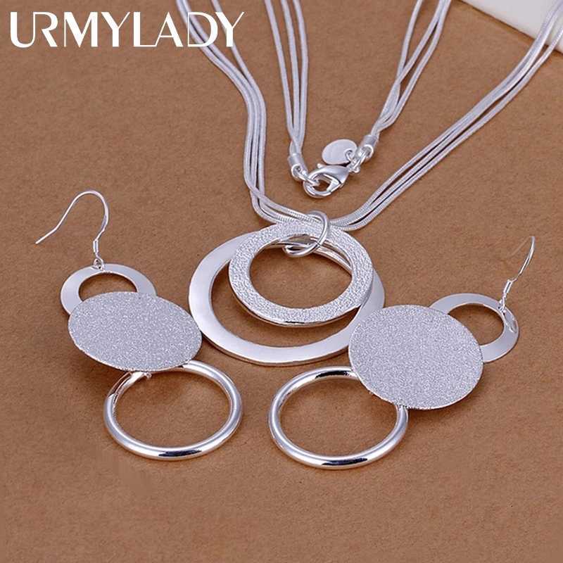 URMYLADY 925 silver wedding Christmas gift retro double matte geometric pendant necklace Drop Earrings fashion jewelry sets H260307-image-1096654414