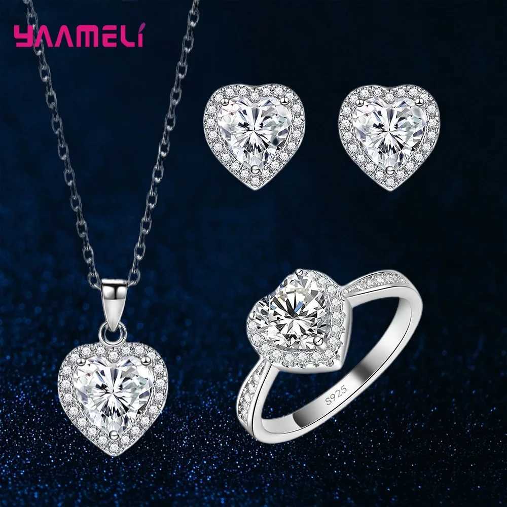 Romatic Birthday Valentines Day Gift Luxury 925 Sterling Silver Jewelry Sets Full Cubic Zircon Heart Ring Necklace Earrings H260307-image-1096654905