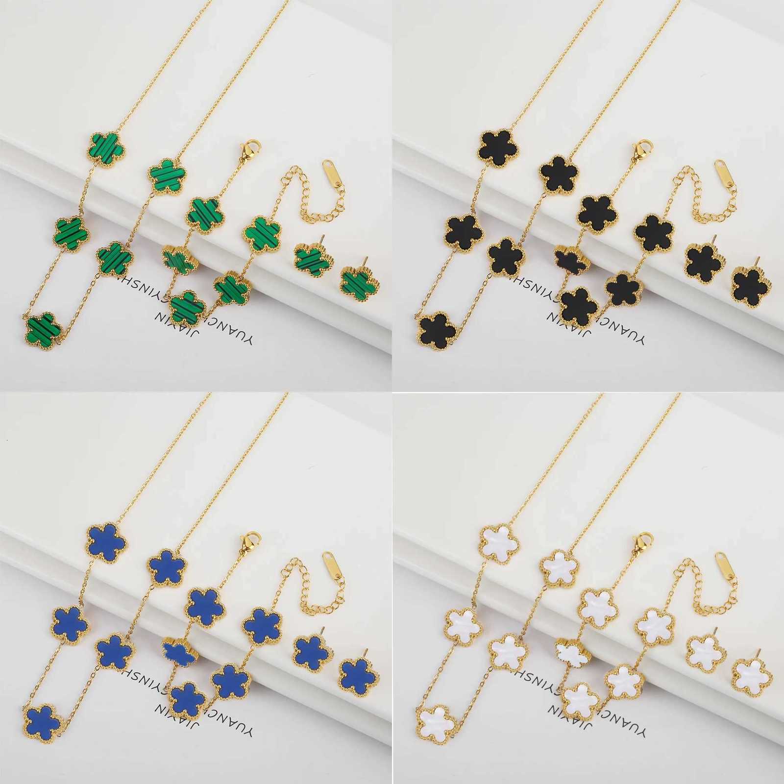 Classic StainlESS Steel Five Flower Jewelry Necklace Set Earrings Simple for Woman Girl Party Daily Wear Jewelry H260307-image-1096655339