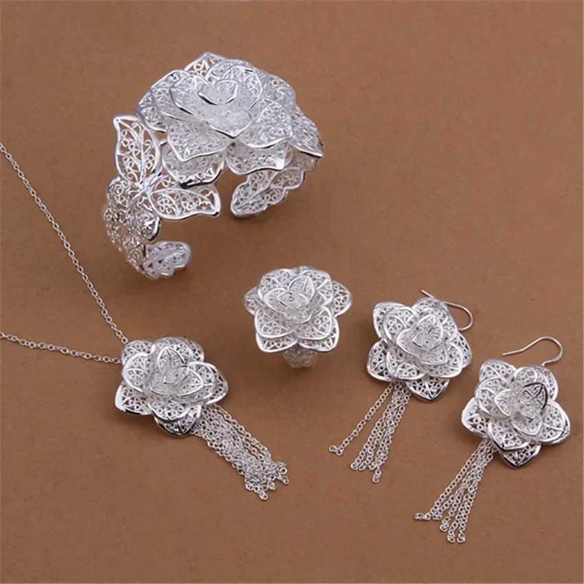 925 sterling silver Jewelry set for women flower Pendant bangle earrings rings necklaces fashion party Christmas Gifts H2603071-image-1096776478