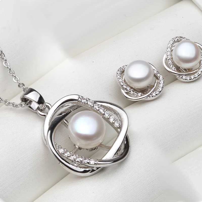 Real 925 Sterling Silver Necklace Earring Sets WomenClassic Wedding Natural Pearl Pendant Sets White Black Grey Gift H260307-image-1096655220
